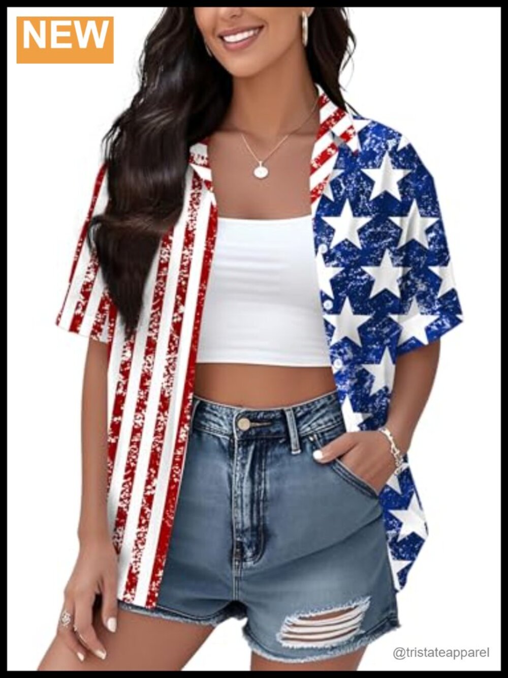 Patriotic Hawaiian Button Down Shirt Women American Flag Short Sleeve Summer